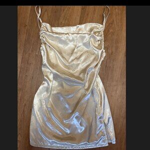 Hey Babe Ivory Satin Ruched Backless Mini Dress, Size Small